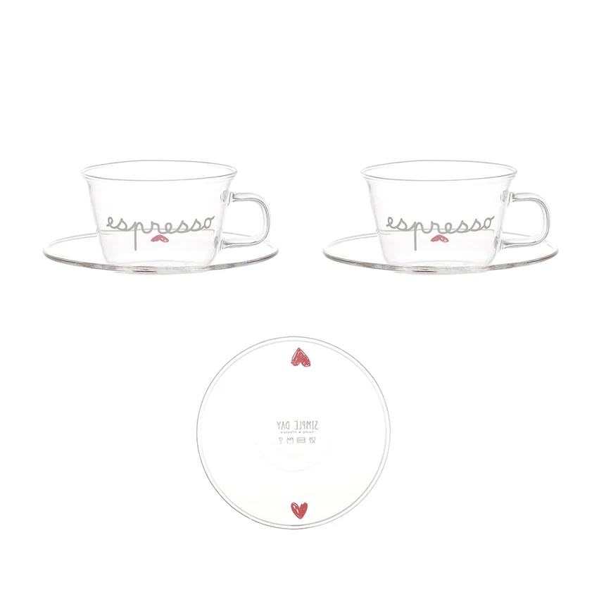 SET 2 TAZZE ESPRESSO CON PIATTINO CUORICINI ROSSI - Woodlume
